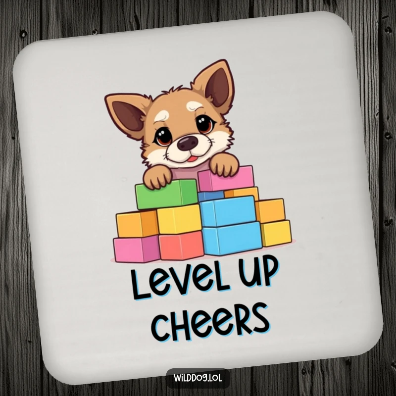 Funny wild dog peeking over a stack of colorful building blocks, set of coasters for drink protection and humorous decor.