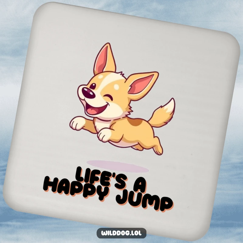 Funny dog coaster showcasing a wild dog in a happy leap, ears flapping. Protects surfaces with humor.