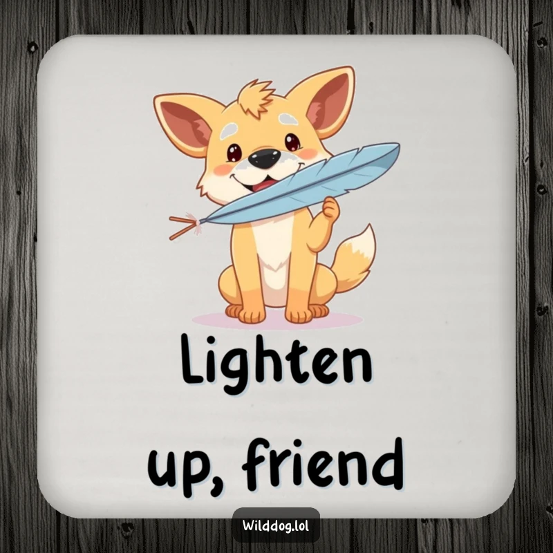 Funny coaster depicting a wild dog hilariously balancing a feather with a happy expression, protecting surfaces with canine grace and humor.