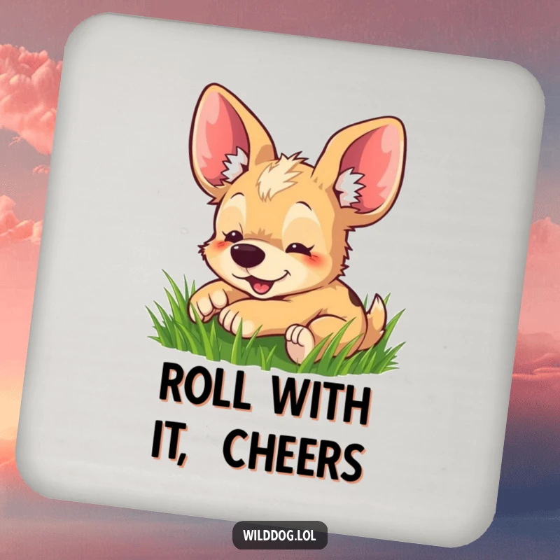 Funny coaster featuring a happy wild dog with oversized ears playfully rolling in grass, protecting surfaces with charm.