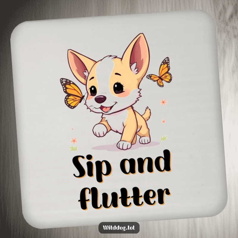 Funny drink coaster featuring a wild dog puppy with perked ears, excitedly chasing a butterfly.