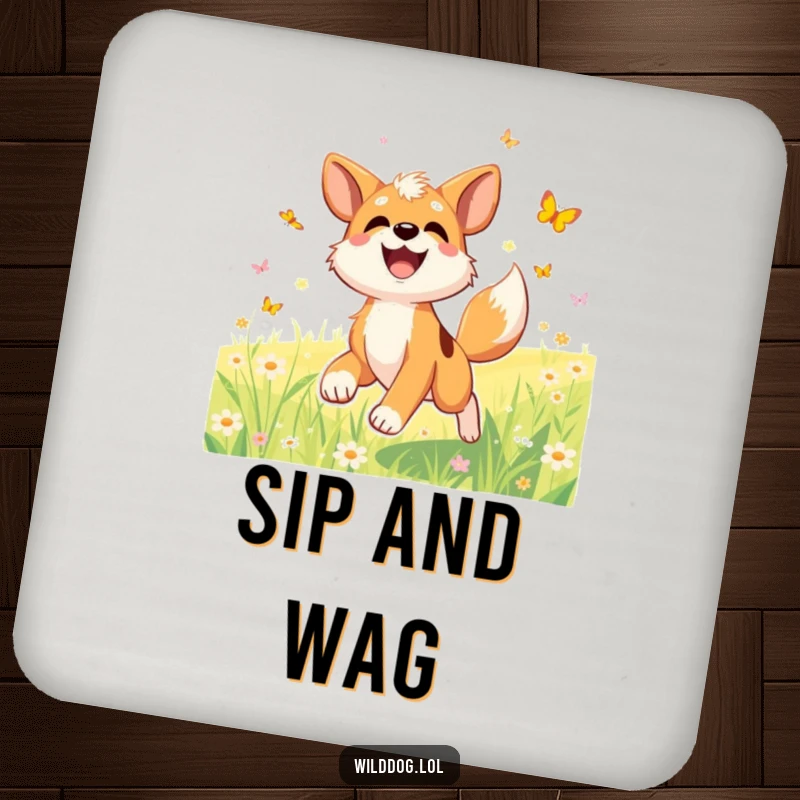 Funny drink coaster featuring a joyful wild dog character with a wagging tail, chasing butterflies in a sunlit meadow.