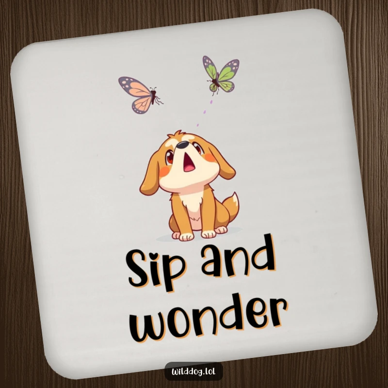 Funny wild dog character humorously looking surprised at a floating butterfly, featured on a protective and amusing drink coaster.