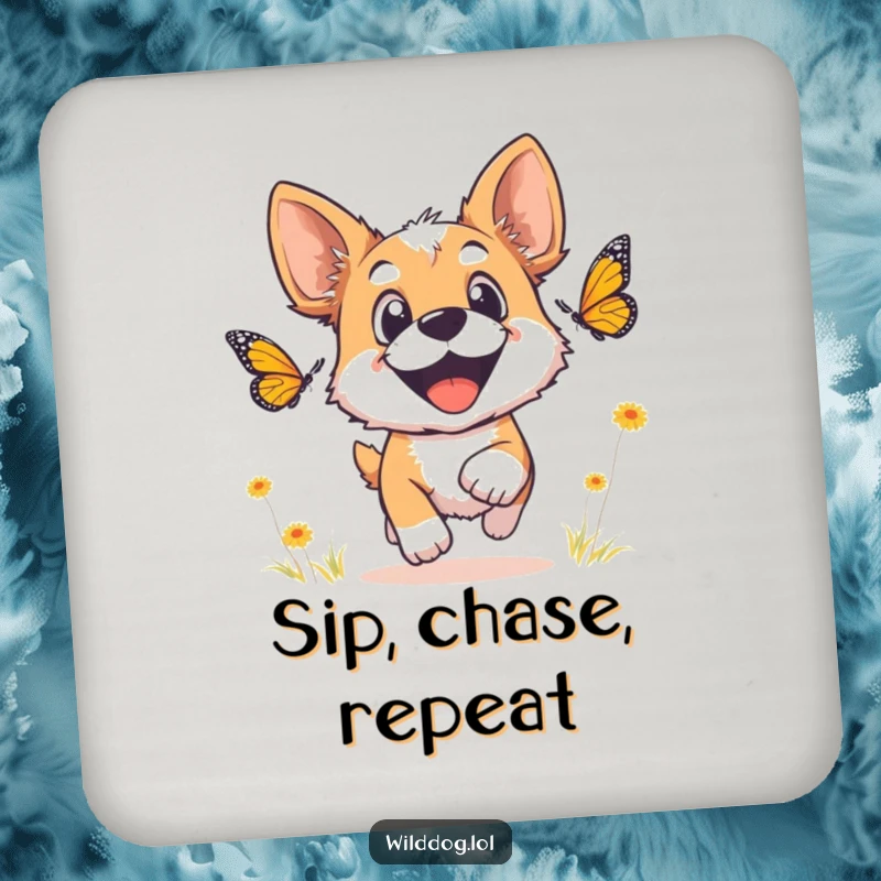Funny wild dog coaster depicting a dog with wide, joyful eyes chasing a butterfly, protecting tables with humor.
