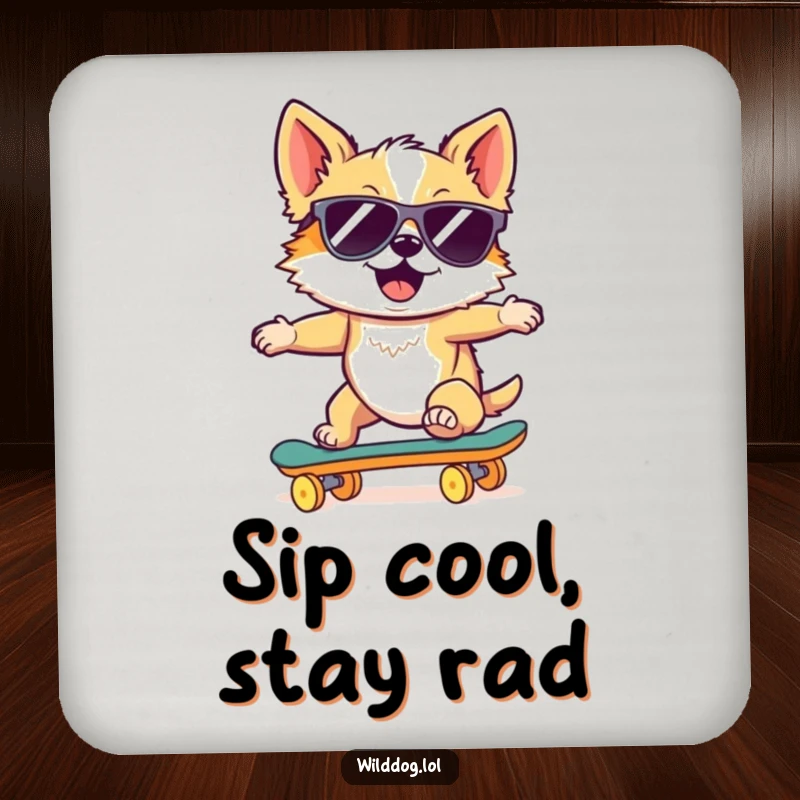 Funny drink coaster featuring a wild dog in sunglasses riding a skateboard downhill, protecting surfaces with skater cool humor.