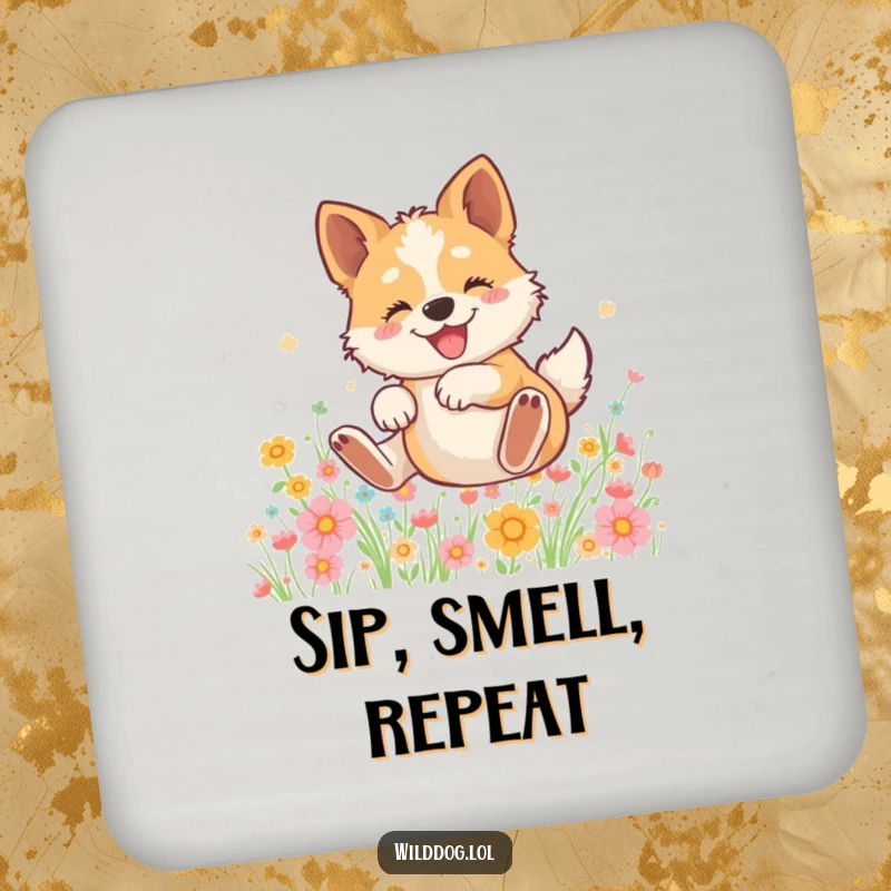 Funny drink coaster with a wild dog rolling gleefully in a vibrant field of flowers, adding a humorous touch to any surface.