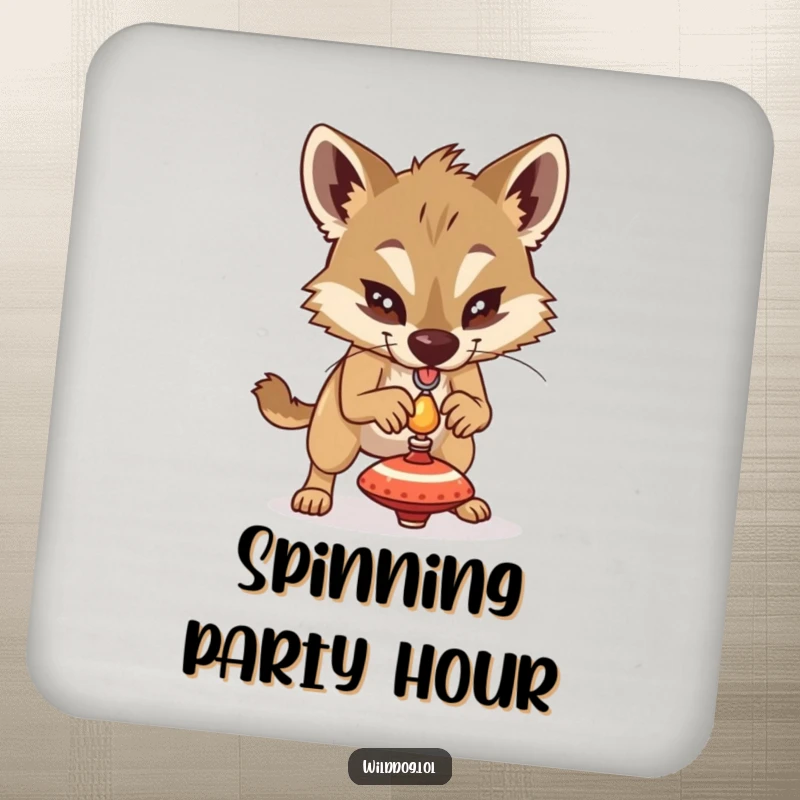 Funny wild dog concentrating on balancing a tiny spinning top, set of coasters for drink protection and humorous decor.