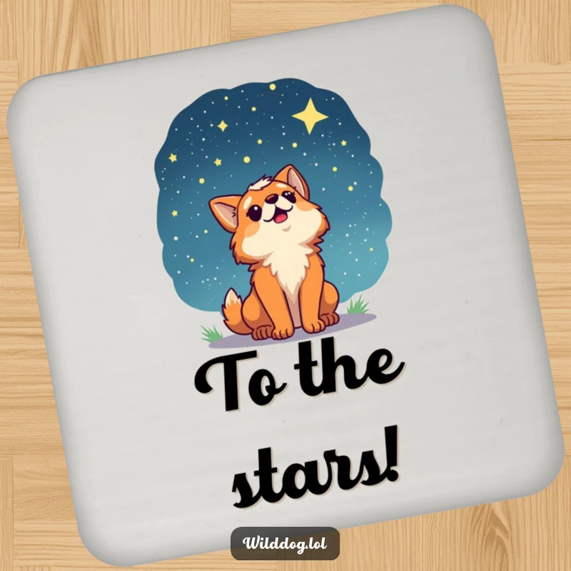 Funny drink coasters featuring a wild dog character looking up at a starry night sky, adding a touch of wonder and cosmic beauty.