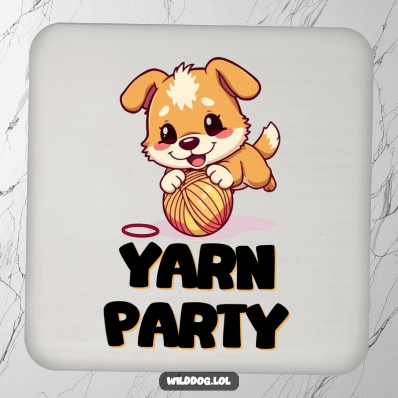 Funny drink coasters featuring a wild dog character playfully pouncing on a bouncing ball of yarn, adding a touch of energetic charm.