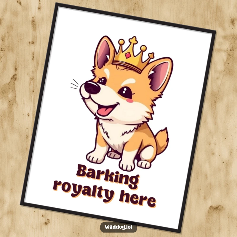 Funny wild dog poster print of a playful dog wearing a tiny crown, barking with joy and excitement.