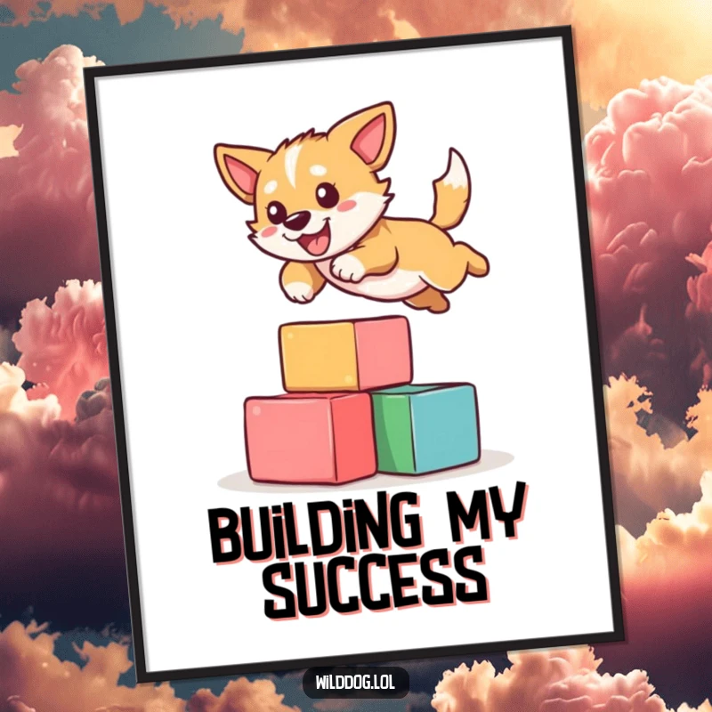 Funny poster art of an energetic wild dog gracefully leaping over a small stack of vibrant blocks, capturing a moment of pure joy.