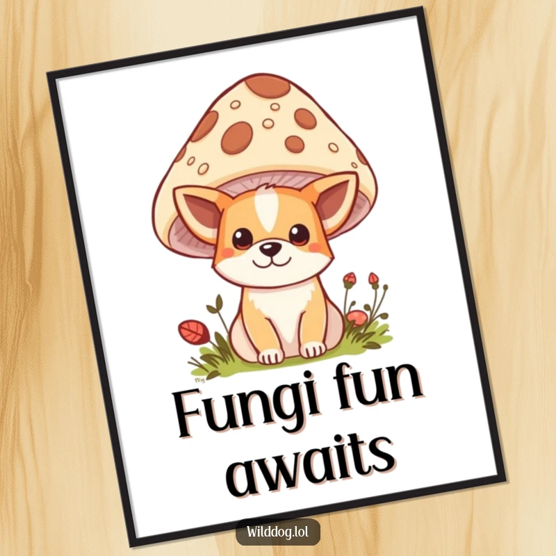 Funny Kawaii Wild Dog Poster: Playful character peeking from behind a mushroom, bringing a dose of cute and funny art to any room.