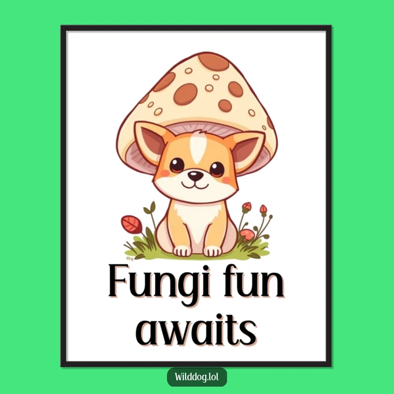 Funny Kawaii Wild Dog Poster: Mushroom Hide-and-Seek Wall Art, Delightful Funny Gift