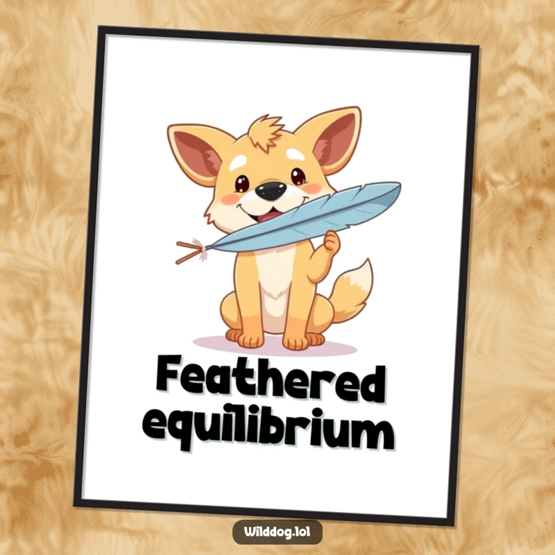 Funny poster art of a happy wild dog with a delightful expression, meticulously balancing a single feather, exuding calm and humorous grace.