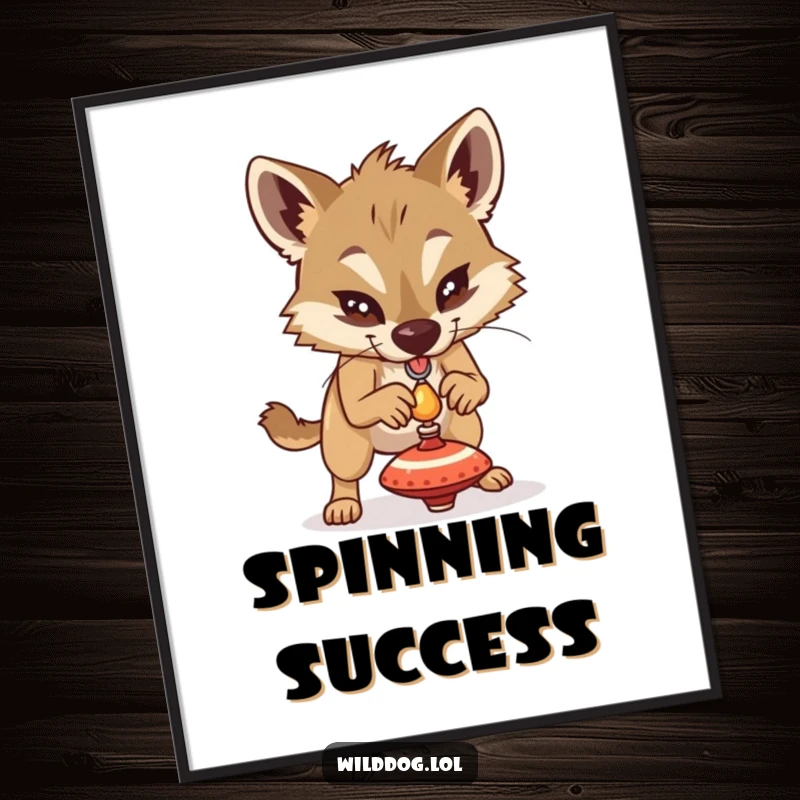 Funny wild dog intensely trying to balance a small spinning top, determined expression, whimsical poster art for focused decor.