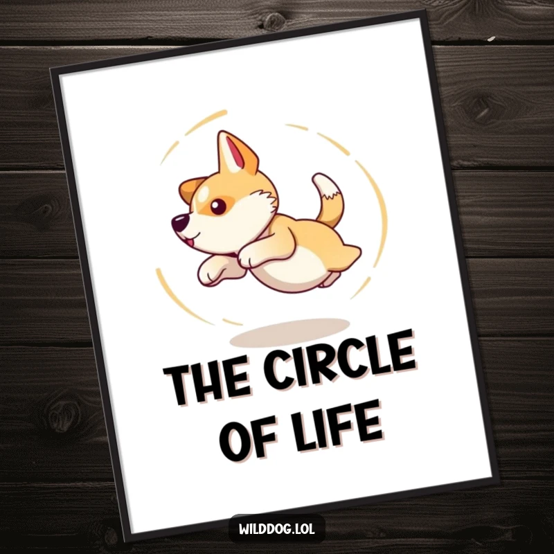 Funny poster art of a wild dog in a state of delightful dizziness, comically chasing its own tail in a tight circle.