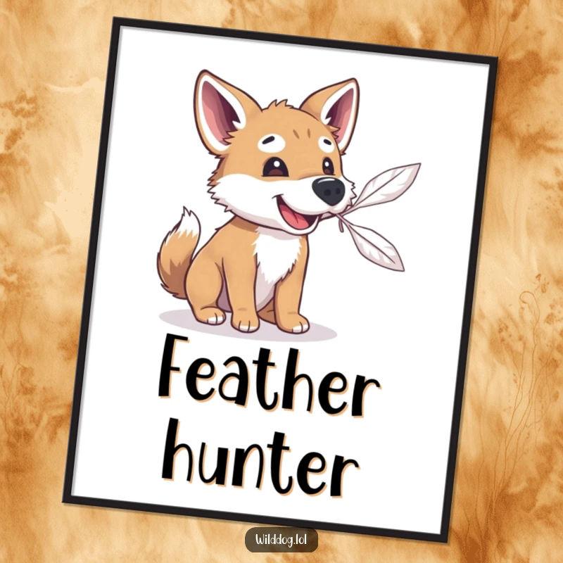 Funny wild dog with its snout pointed upwards, attempting to catch a delicate feather, whimsical poster art for humorous wall decor.