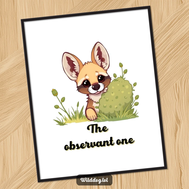 Funny poster artwork of a wild dog peeking with keen interest from behind a bush, its ears perked, signifying alertness.
