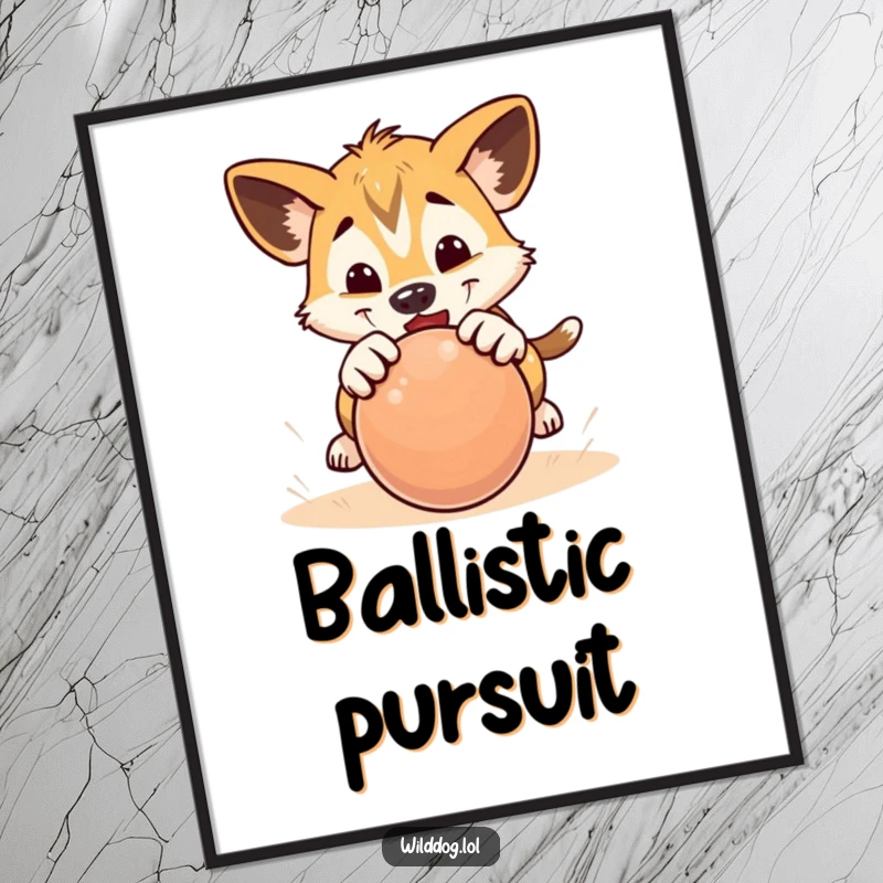 Funny poster of a wild dog puppy in a playful pounce, targeting a rolling ball with focus and joy.