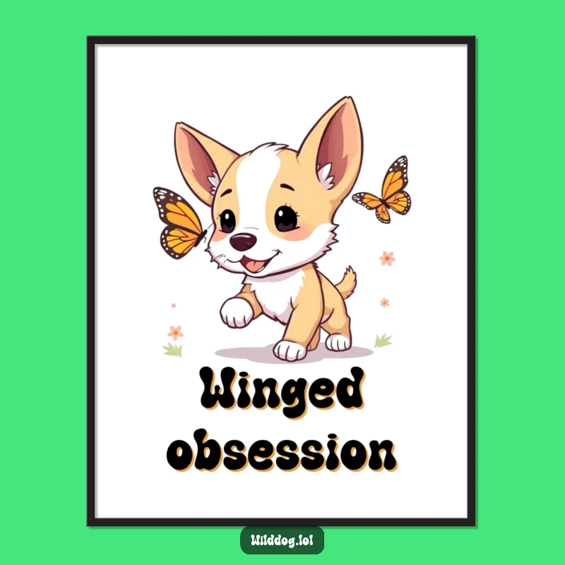 Funny Puppy Butterfly Chase Poster: Adorable Wall Art
