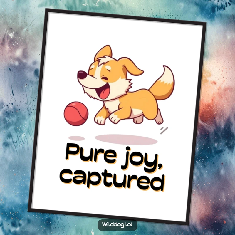 Funny poster showing an ecstatic wild dog mid-chase after a bouncing ball, tail wagging with pure delight.