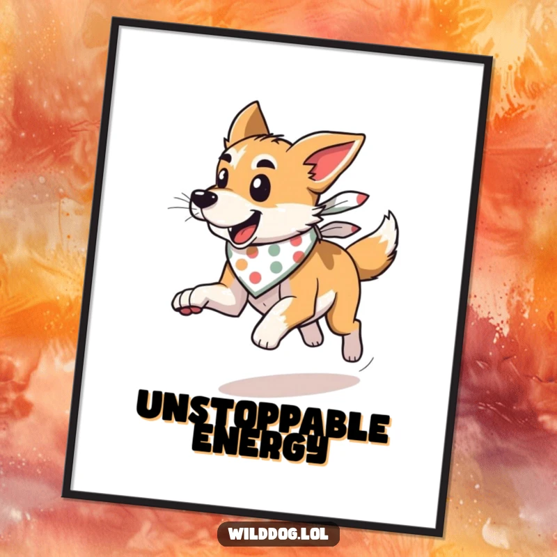 Funny wild dog in a bandana, running fast with wind effects, displayed as energetic wall art on a poster.
