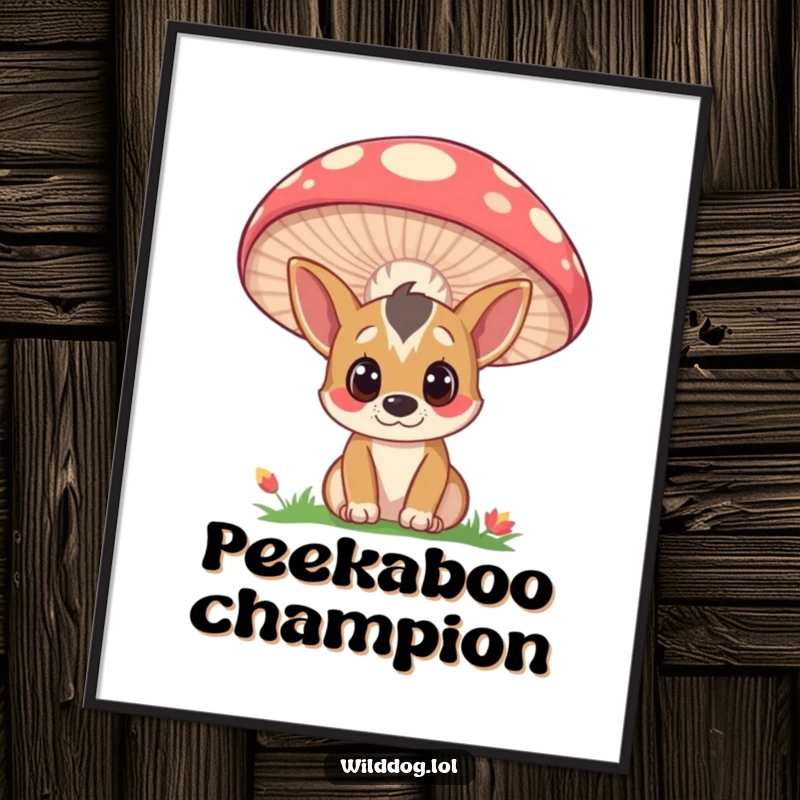 Funny poster artwork of a curious wild dog with wide eyes, peeking from behind a giant, vividly colored mushroom, creating a whimsical scene.
