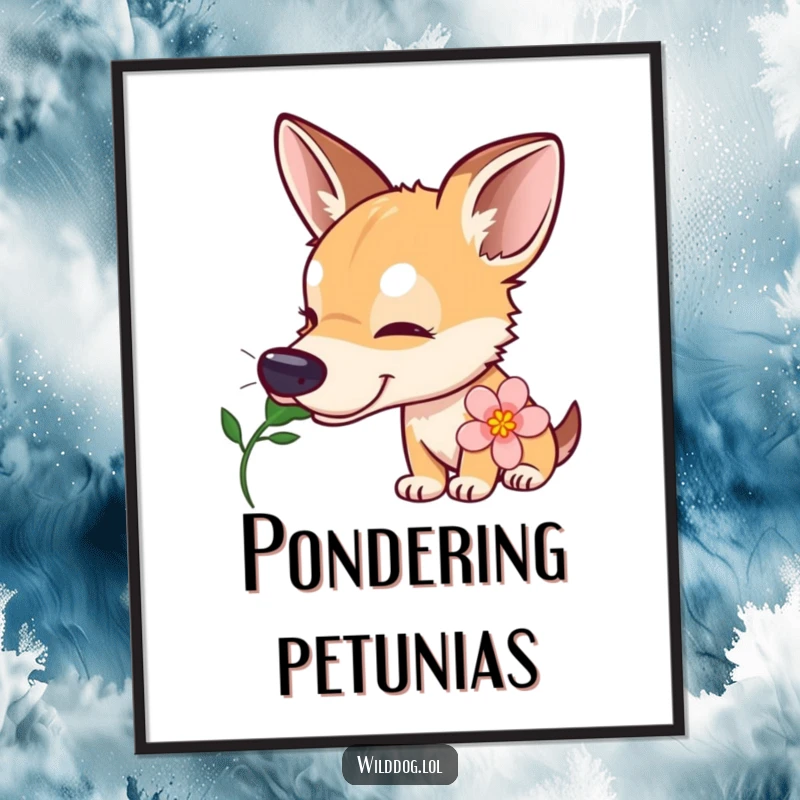 Funny wild dog poster showing a curious dog with a tilted head sniffing a flower, adding a gentle and charming element to wall decor.