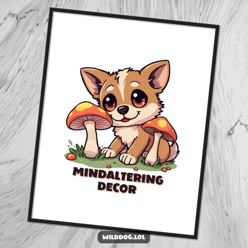 Funny poster illustrating a wide-eyed wild dog investigating a mysterious, glowing mushroom in a dark, magical forest.