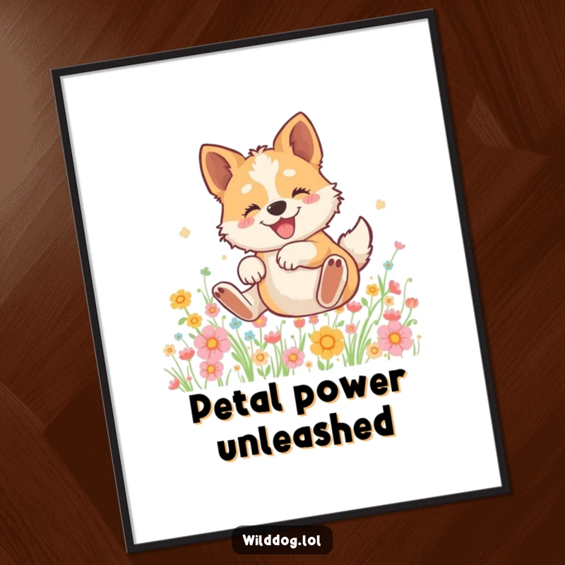 Funny poster artwork of a wild dog experiencing pure ecstasy while rolling happily in a vast, blooming field of flowers.