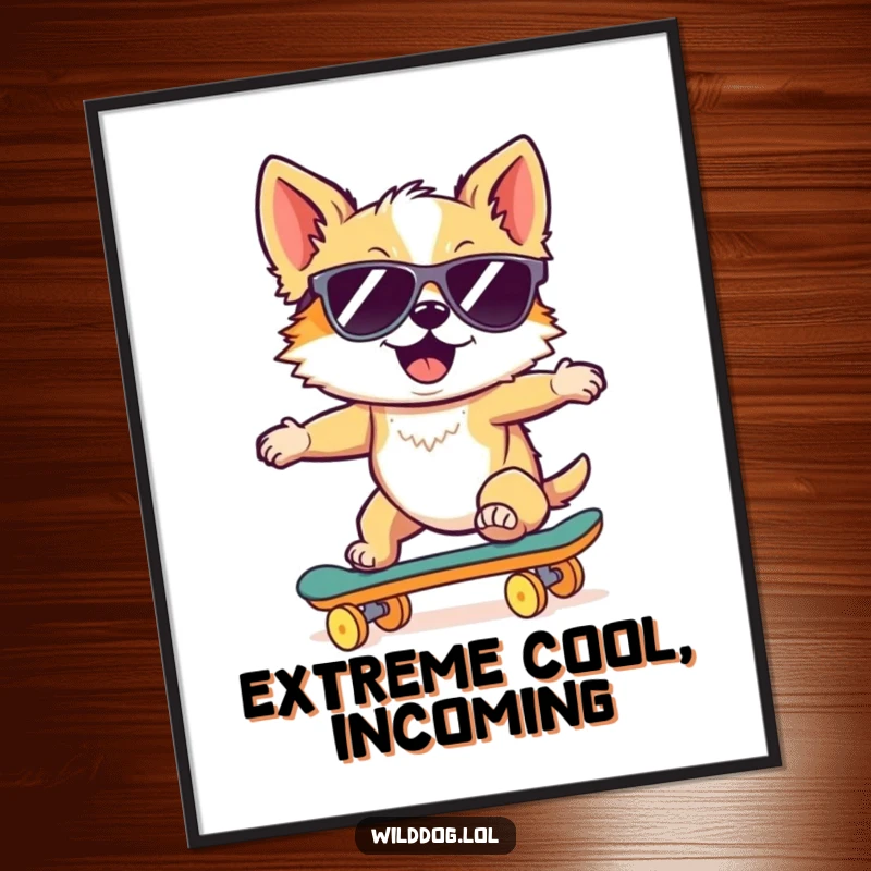 Funny poster of a wild dog wearing sunglasses, riding a skateboard downhill, capturing a moment of extreme cool and freedom.