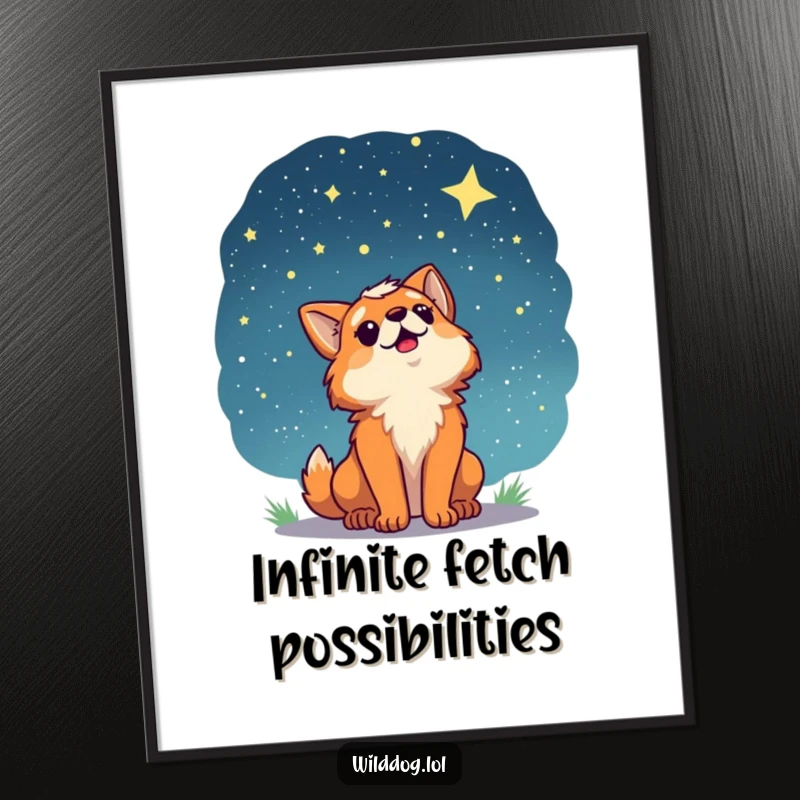 Funny poster capturing a wild dog character gazing upwards at a magnificent starry night sky, filled with a sense of wonder and contemplation.