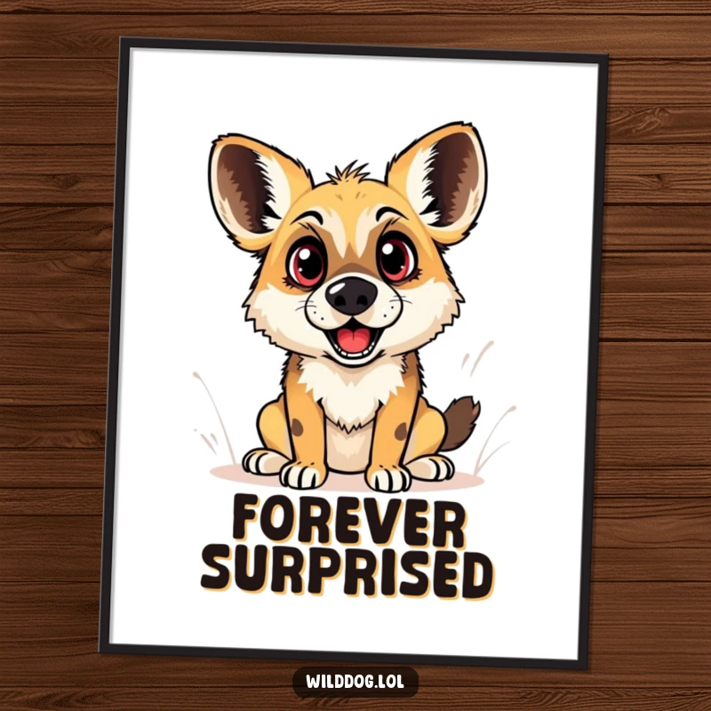 Funny poster art of a wild dog with incredibly wide eyes and a slightly gaping mouth, capturing a moment of priceless, playful surprise.