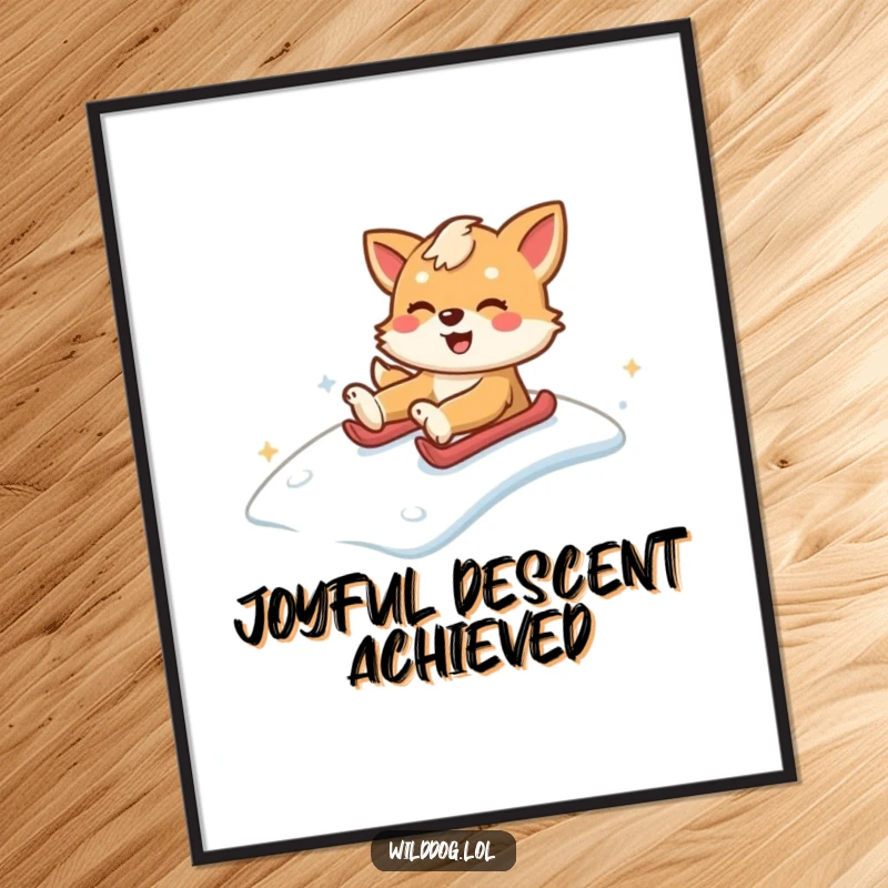 Funny wild dog sliding down a snowy hill with immense glee, creating energetic and funny wall art. Great funny gift.