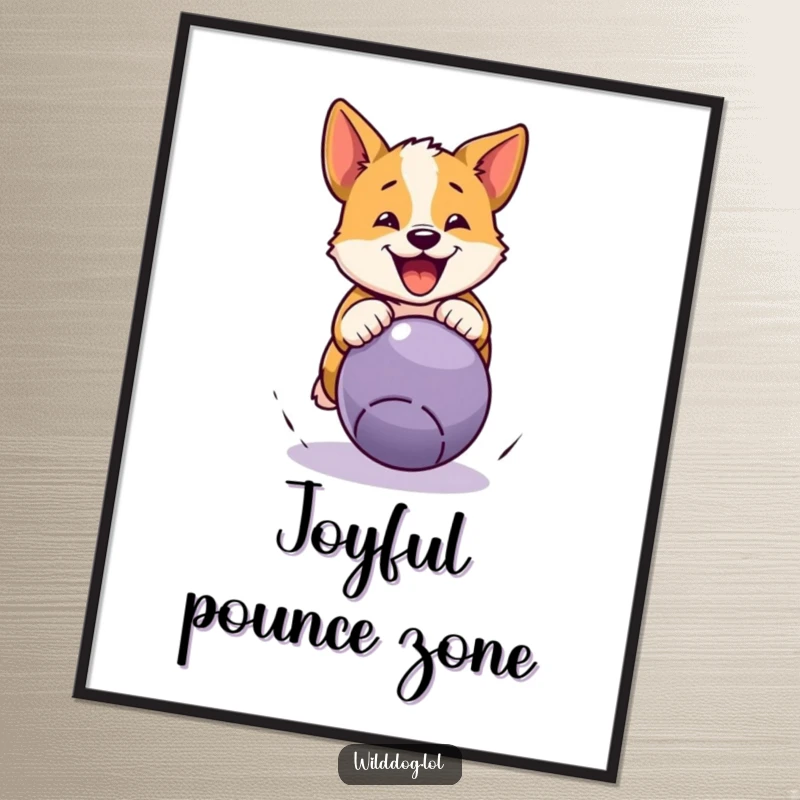 Funny wild dog pouncing ball poster showing a dog leaping to pounce on a bouncing ball, perfect for humorous and energetic decor.