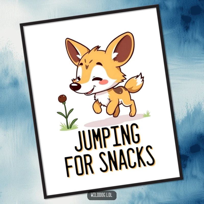 Funny Kawaii Wild Dog Poster: Playful character hopping for a grub, bringing a dose of cute and funny art to any room.
