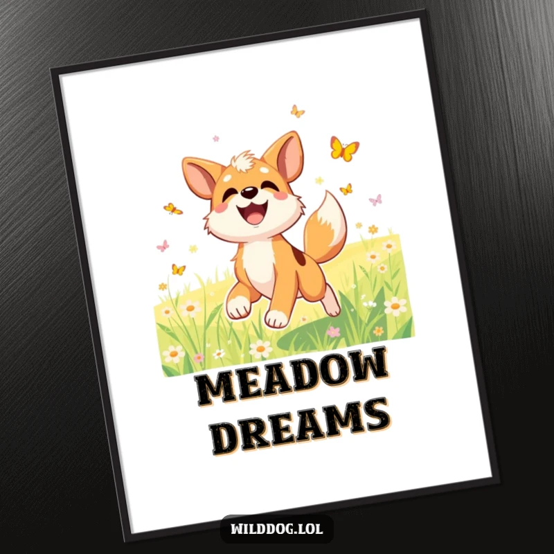 Funny poster depicting a joyful wild dog with a wagging tail, enthusiastically chasing butterflies in a sunlit meadow.
