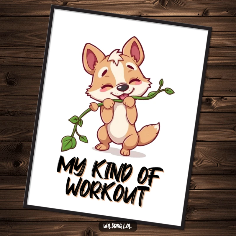 Funny poster capturing a wild dog character in a dynamic pose, playfully tugging on a long vine with immense energy and a happy expression.