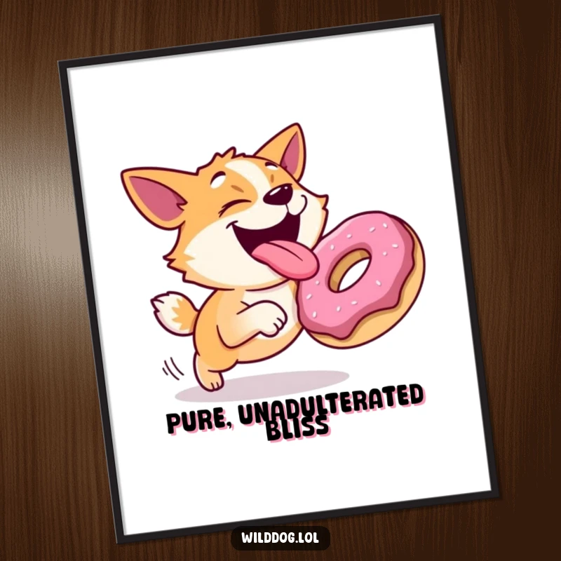 Funny poster featuring a joyful dog with its tongue out, gleefully chasing a rolling donut, adding humorous energy to any wall.