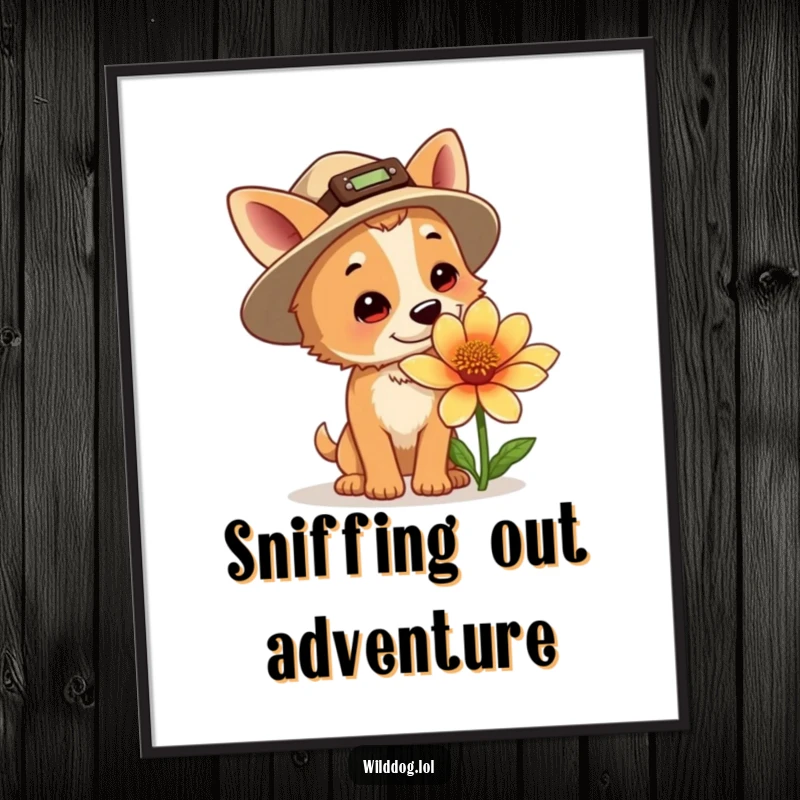 Funny explorer dog poster, a curious dog wearing a tiny hat, sniffing a colossal flower, bringing outdoor joy to walls.