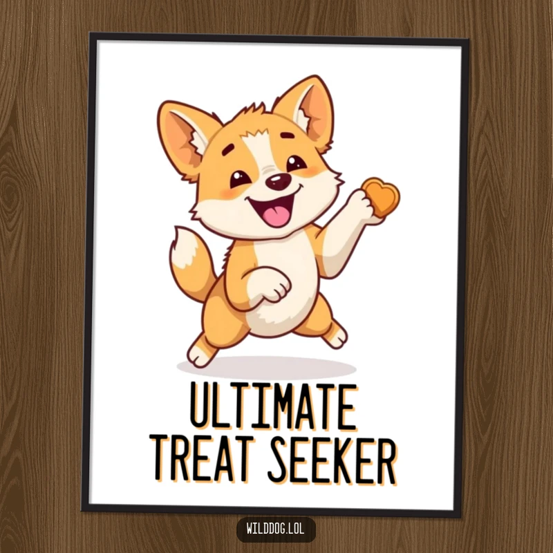 Funny poster showcasing a frantic wild dog executing a massive jump, tail a blur, eyes locked on a treat, illustrating extreme canine happiness.