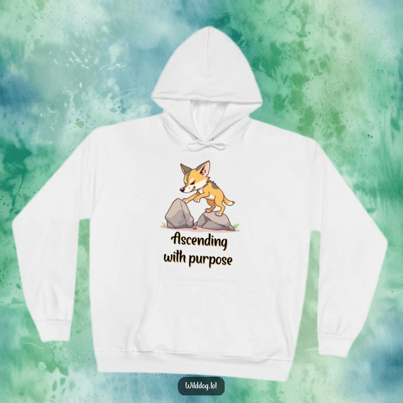 Funny Wild Dog Climbing Hoodie showing a dog focused on climbing a small, sturdy rock.
