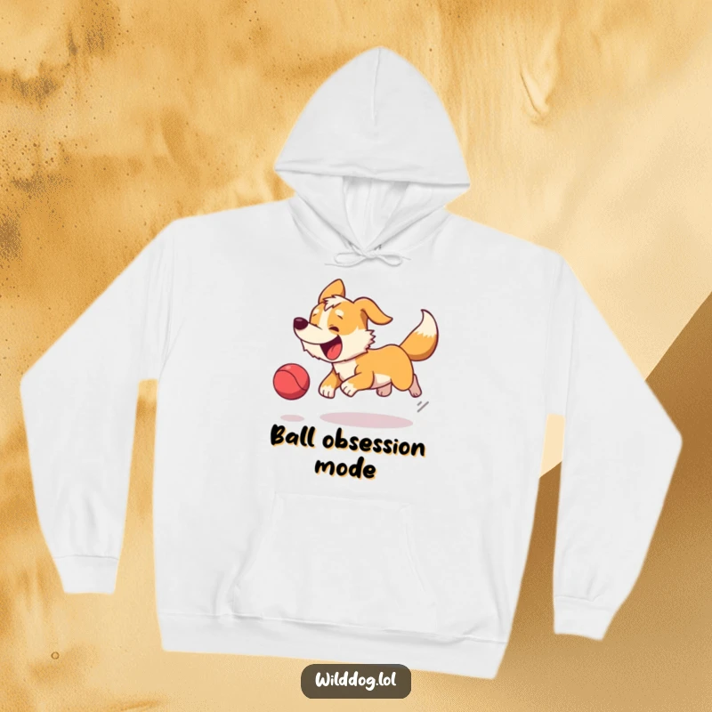 Funny hoodie featuring an excited wild dog in full pursuit of a bouncing ball, tail held high in happiness.