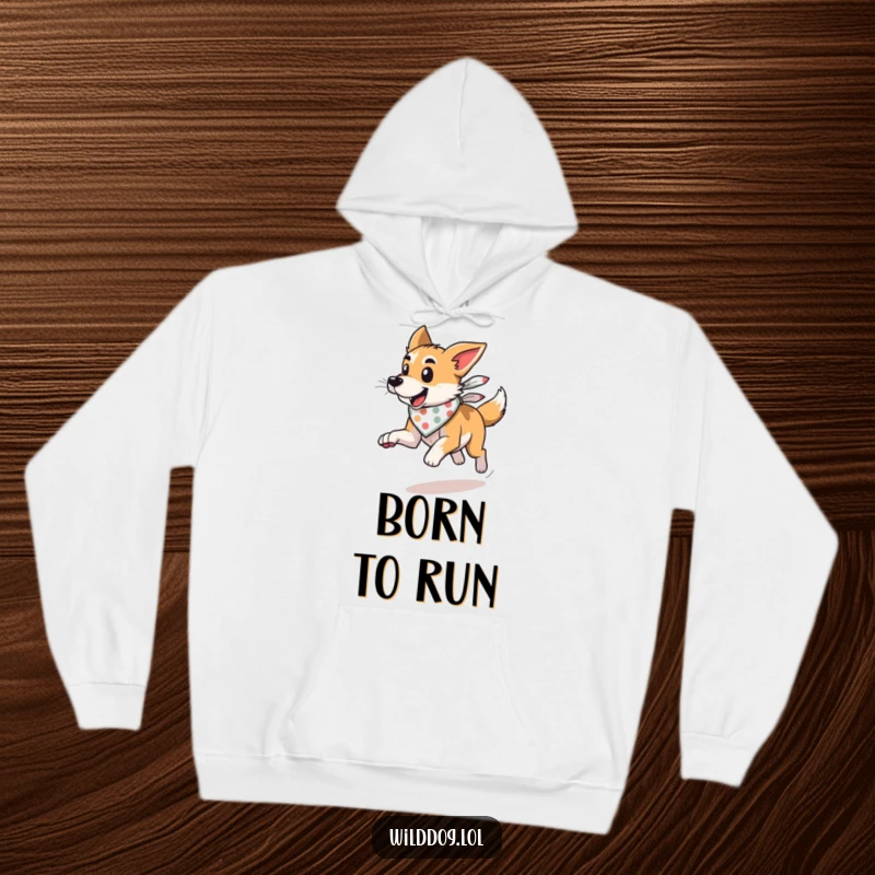 Funny wild dog wearing a bandana, running with wind, on a cozy hoodie, perfect for active individuals.