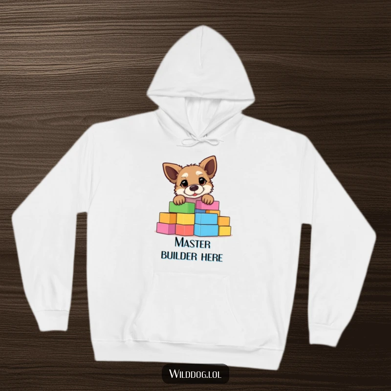 Funny wild dog peeking over a giant pile of colorful building blocks, cozy hoodie design for warmth and humor.
