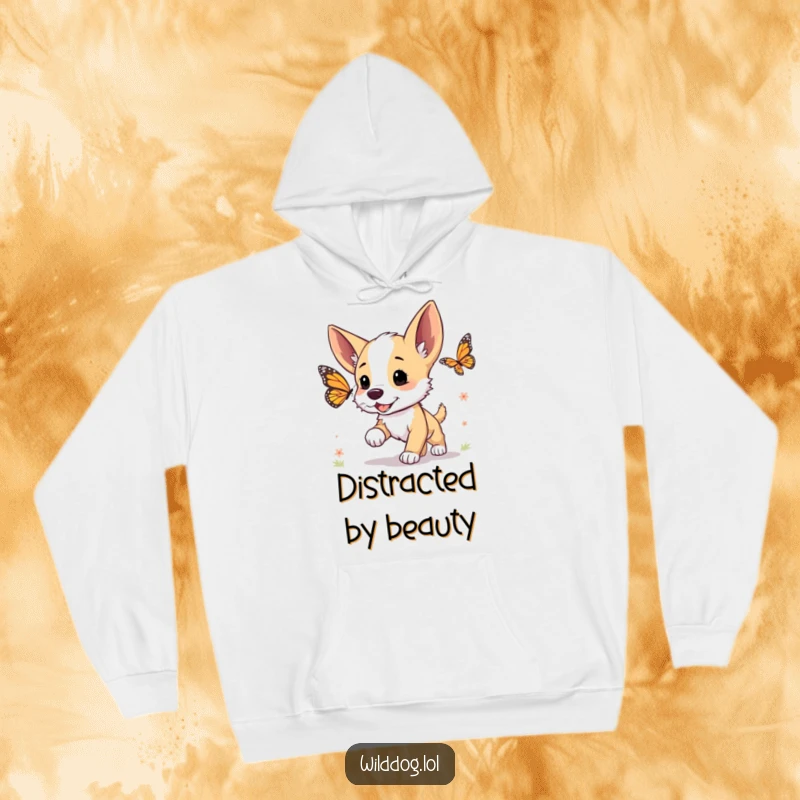 Funny hoodie featuring a wild dog puppy with alert ears, joyfully chasing a delicate butterfly.