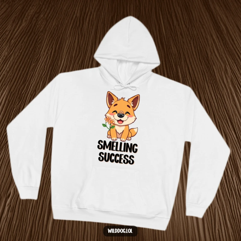 Funny hoodie featuring a delighted wild dog character with a wide grin balancing a beautiful flower on its nose, a symbol of pure joy.