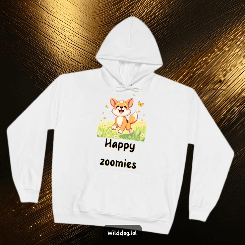 Funny hoodie showing a joyful wild dog character with its tail wagging, chasing butterflies in a sunlit meadow.