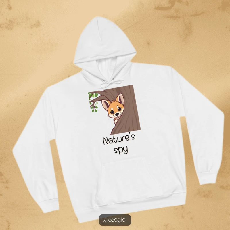 Funny wild dog peeking from behind a tree, with captivating curious eyes, featured on a cozy hoodie.