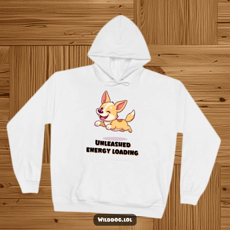 Funny dog hoodie with a wild dog captured in a happy, energetic leap, ears flapping. Cozy and humorous apparel.